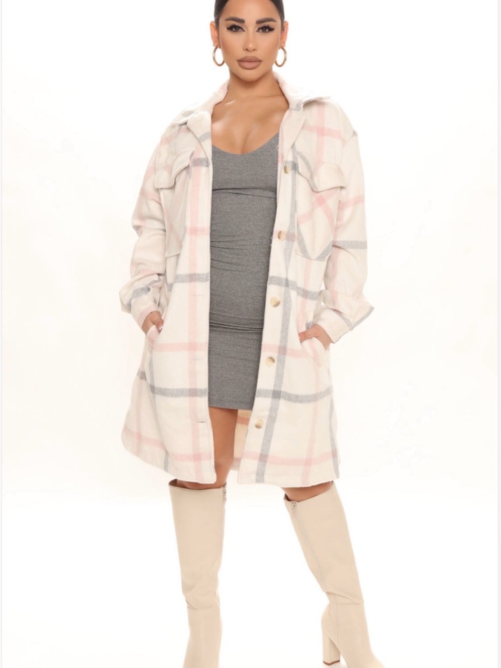 Fashion Nova Cream Plaid Shacket with Blush and Gray Accents